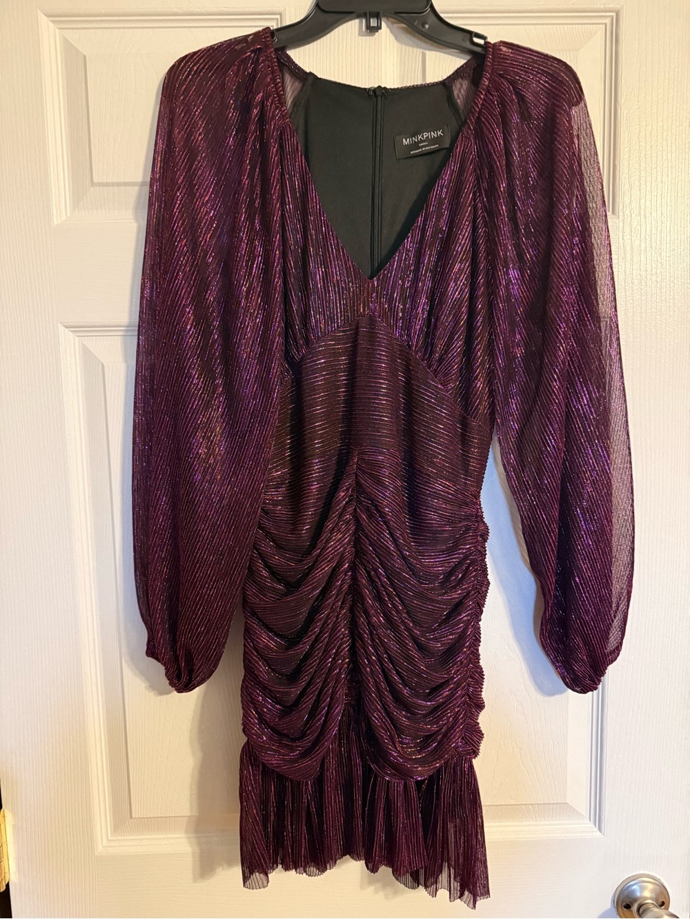 MINKPINK Metallic Pink Ruched Long Sleeve Party Dress